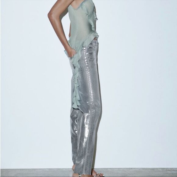 Zara NWT Viral Silver Coated High Rise Jeans Size 6 Sold Out Online Bloggers Fav - Picture 8 of 11